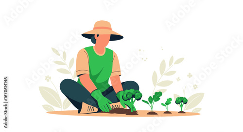 Woman Gardener Planting Organic Vegetables in a Garden on a Sunny Day Illustration