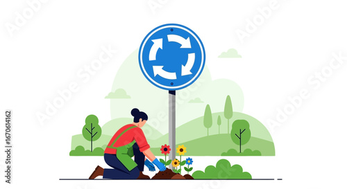 Woman Gardening At Roundabout Adds Color And Life To The Roadside