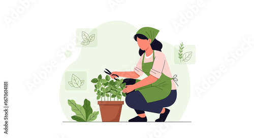 Woman Gardening at Home with Fresh Herbs in a Pot on the Terrace