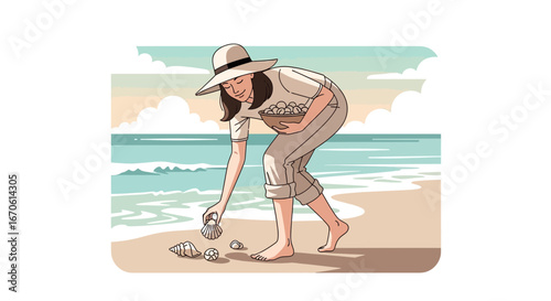 Woman Gathering Seashells On The Sandy Beach During A Seaside Getaway