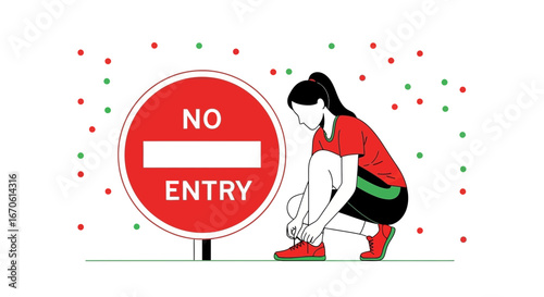 Woman Getting Ready For Run Next To No Entry Sign On White Background