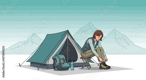 Woman Getting Ready For Trekking in the Mountains Near Tent in Nature