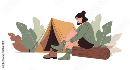 Woman Getting Ready For Adventure At Campsite With Forest Foliage