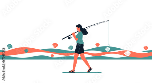 Woman Going Fishing In Summer With Seashells And Wavy Ocean Background