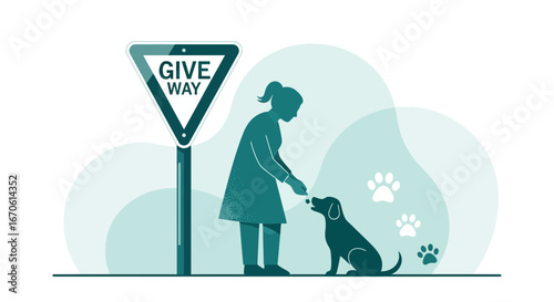 Woman Gives a Treat to a Dog Near a Road Sign With Paw Prints Concept