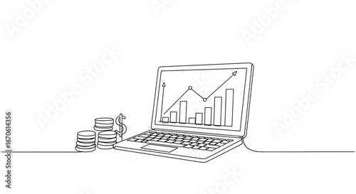 Minimalistic financial dashboard with laptop and coins in line art  