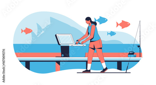 Woman Grilling Fish At Lakeside For Recreation And Enjoying Outdoor Activity