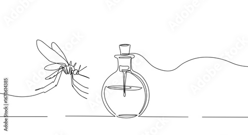 Mosquito flying near a round perfume bottle in line art style  