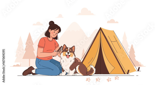 Woman Grooming Her Happy Dog Near Tent During Camping Adventure Trip