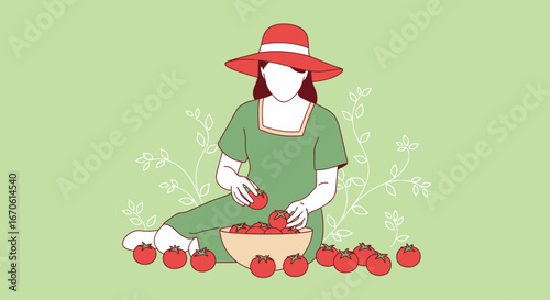 Woman Harvesting Ripe Tomatoes In Garden With A Green Background Illustration