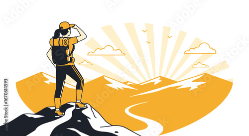 Woman Hiker Reaching Mountain Peak And Enjoying The Sunrise In Summer