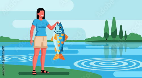 Woman Holding A Fish She Caught In A Lake Or River During Summer