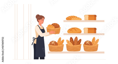 Woman Holding Basket With Bread Near Shelves In Bakery Or Breadshop