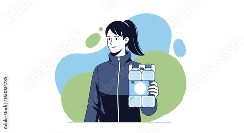 Woman Holding Pack of Water Bottles Promoting Hydration and Healthy Lifestyle