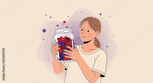 Woman Holding Glass Jar Filled With Fresh Red And Blue Berries