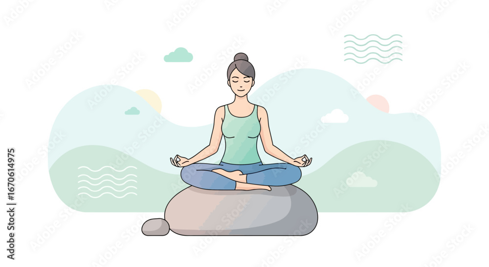 custom made wallpaper toronto digitalWoman In Lotus Position On Stone Against Serene Backdrop Of Mountain Scenery