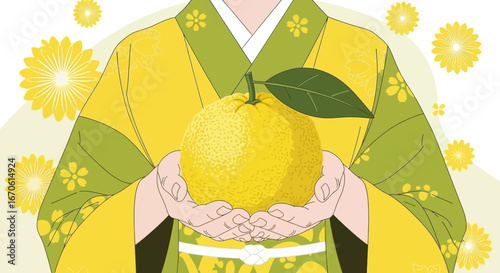 Woman In Kimono Holding Yuzu Fruit With Floral Accents For New Year's
