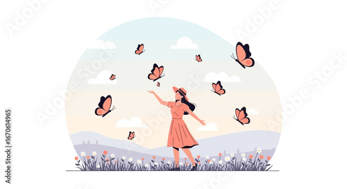 Woman In Meadow With Butterflies Symbolizing Freedom And Serenity
