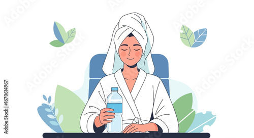 Woman In Robe With Water Bottle Enjoying Wellness And Hydration Time