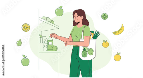Woman In Supermarket Choosing Natural Juice And Holding Eco Bag Full With Veggies
