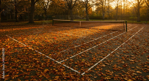 Empty autumn tennis court covered in dry fallen leaves
