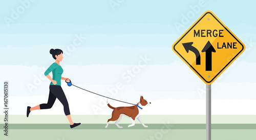 Woman jogging with her dog near a merge lane sign depicting urban safety, illustrating daily fitness and infrastructure awareness