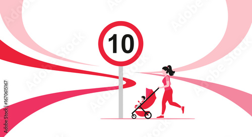 Woman Jogging With Stroller Near Speed Limit Sign Vector Illustration