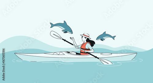 Woman Kayaking On Blue Ocean As Dolphins Play Nearby On Summer Vacation