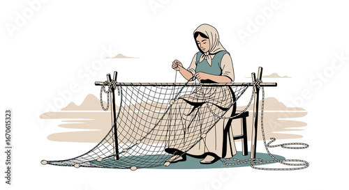 Woman Making Fishing Net On Seaside Traditional Occupation Vector Illustration