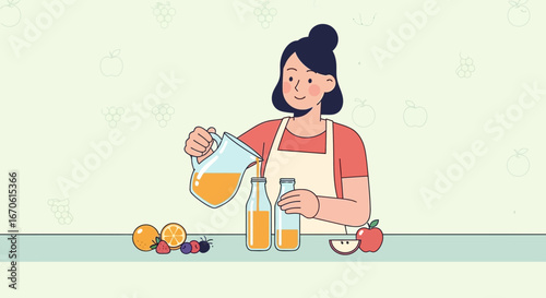 Woman Making Homemade Juice Pouring into Bottles Healthy Lifestyle Concept