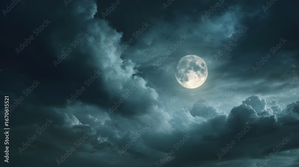 Fototapeta premium A full moon, bathed in pale light, illuminates a dramatic sky filled with dark, brooding clouds.