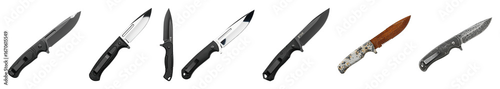 Obraz premium Tactical knife set including folding, fixed blade, black, silver, and weathered designs isolated. Outdoor utility and survival collection.