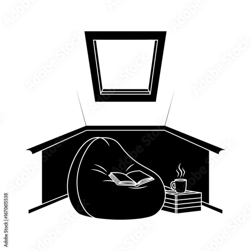 Cozy winter home sets vector art of cozy attic room with beanbag, book, candle and skylight vector