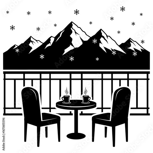 Cozy winter home sets vector art of cozy balcony scene with mountain view, featuring chairs, table, and snowy landscape vector
