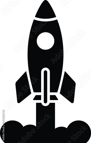 Black and White Rocket Launching with Smoke Trail Illustration.