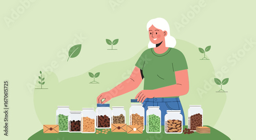 Woman Organizing Assortment Of Seeds In Jars With New Sprouts And Letters