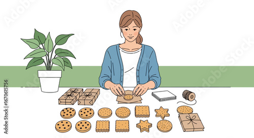 Woman Packaging Homemade Cookies Small Business Ready For Festive Season