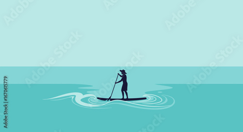 Woman Paddleboarding On Calm Waters, Simple Minimalist Design On Turquoise Background