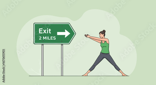 Woman Performing Yoga Near An Exit Road Sign Representing Stress Relief
