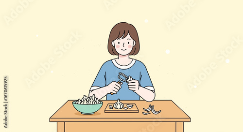 Woman Peeling Garlic Cloves In Kitchen Preparing Healthy Meal Illustration