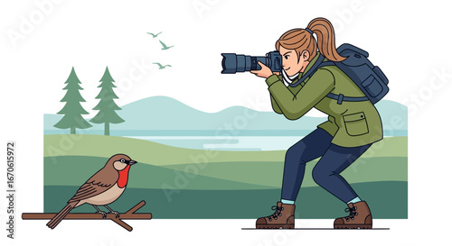 Woman Photographer Capturing a Bird in a Nature Scenery Illustration