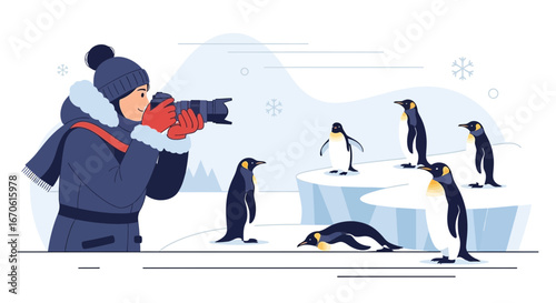 Woman Photographer Captures Majestic Penguin Colony Amidst Snowy Antarctic Landscape