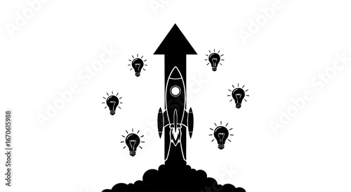 Dynamic illustration of a rocket launching towards success, surrounded by bright lightbulb ideas, symbolizing innovation and accelerating business growth