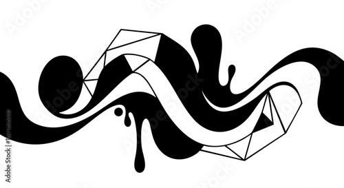 Dynamic abstract monochrome liquid flow with geometric crystal shards and fluid ink splatters, a captivating artistic graphic design element for contemporary projects