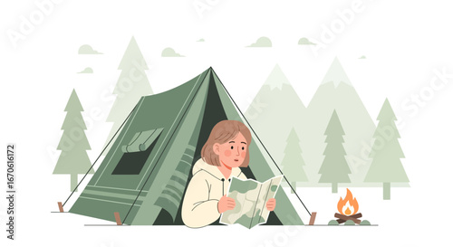 Woman Planning Adventures, Exploring a Destination With Camping Map And Campfire