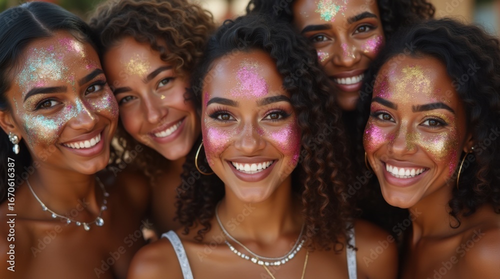 Obraz premium Group diverse young women friends wearing colorful glitter makeup faces festival party sparkling silver gold decorations bright studio lighting celebrating together