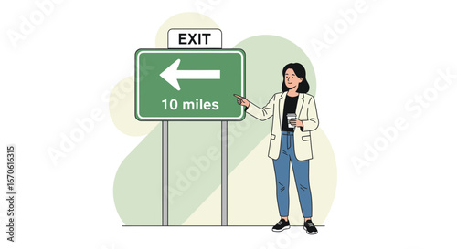Woman Points At Exit Sign Advising Route Change For Better Direction And Lifestyle