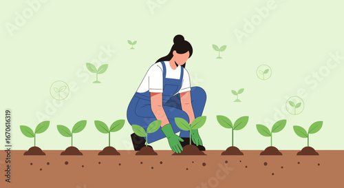 Woman Planting Seedlings In Garden Demonstrates Sustainable Agriculture Future