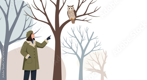 Woman Points Out Majestic Owl Perched In The Winter Forest Silhouette Tree