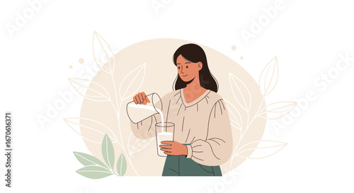 Woman Pours Refreshing Milk into Glass Promoting Healthy Dairy Consumption